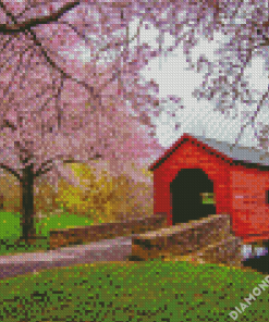 Cherry Blossom Carroll Creek Covered Bridge diamond painting