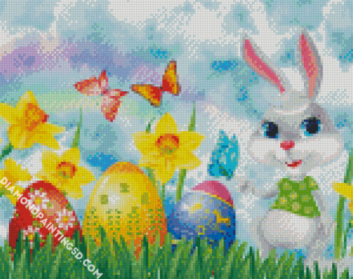 Grey Rabbit And Easter Eggs Diamond Paintings