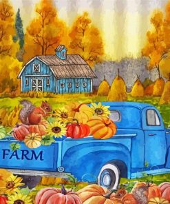 Fall With Blue Truck Diamond Paintings