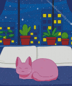 Purple Cat On Bed Diamond Paintings