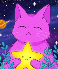 Purple Cat Holding Star Diamond Paintings