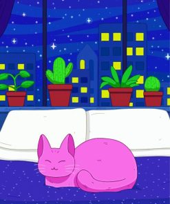 Purple Cat On Bed Diamond Paintings