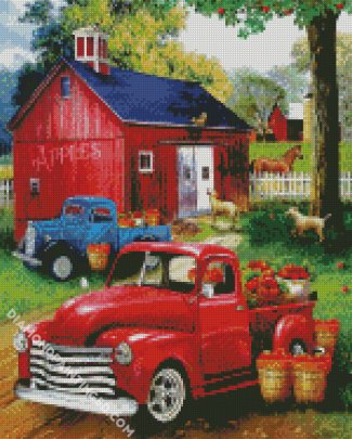 Red Truck And Barn Diamond Paintings