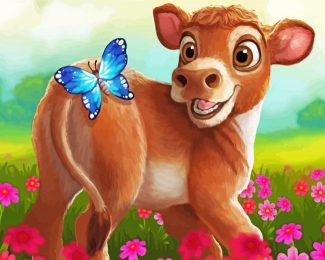 Brown Cow And Butterfly Diamond Paintings