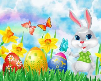 Grey Rabbit And Easter Eggs Diamond Paintings