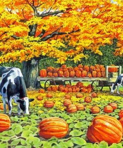 Harvest Wagon Cows And Pumpkins Fall Scene Diamond Paintings