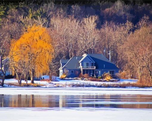 Houses Across Frozen River Diamond Paintings