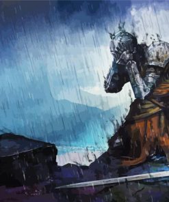 Kneeling Warrior Under Biting Rain Diamond Paintings