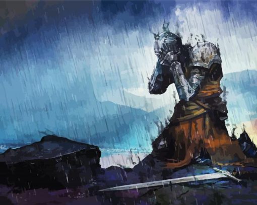 Kneeling Warrior Under Biting Rain Diamond Paintings