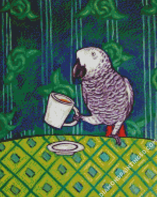 Grey Parrot Drinking Coffee Diamond Paintings