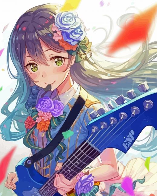 Anime poster of young girl with long brown hair playing guitar in her cozy  bedroom, sun