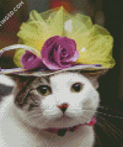 Cat With Flowering Hat Diamond Paintings