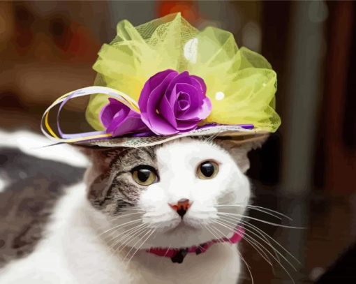 Cat With Flowering Hat Diamond Paintings