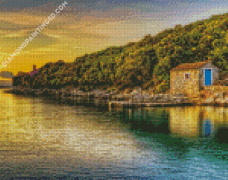 Cottage By The Sea Sunset Seascape Diamond Paintings