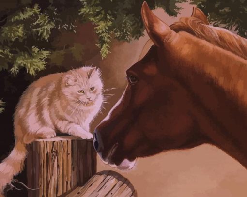 Cat And Horse Friends Art Diamond Paintings