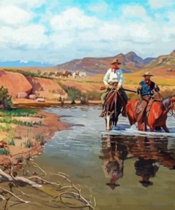 Cowboys And Horses In Water Diamond Paintings