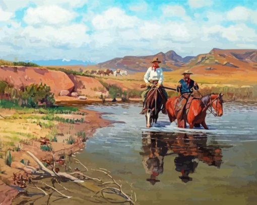 Cowboys And Horses In Water Diamond Paintings