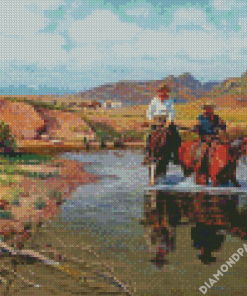 Cowboys And Horses In Water Diamond Paintings