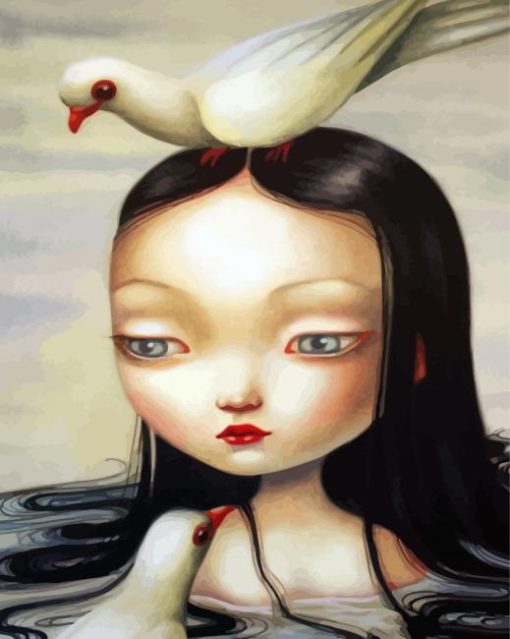 Asian Girl And Birds Diamond Paintings