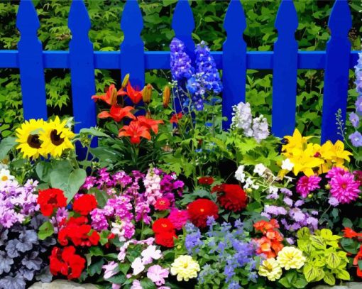 Blue Fence And Colorful Flowers Diamond Paintings