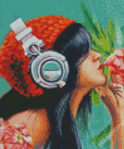 Girl With Headphones And Flowers Diamond Paintings