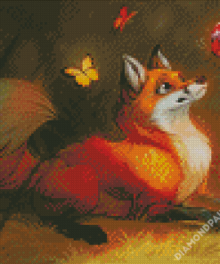 Animated Red Fox And Butterflies Diamond Paintings
