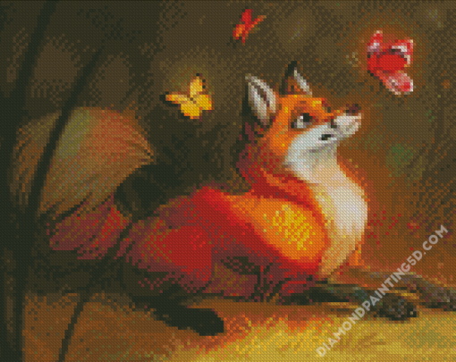 Animated Red Fox And Butterflies Diamond Paintings