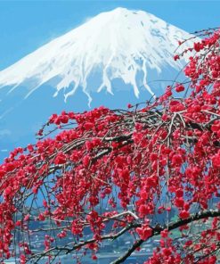 Fall Cherry Blossom With Snowy Mountain Diamond Paintings