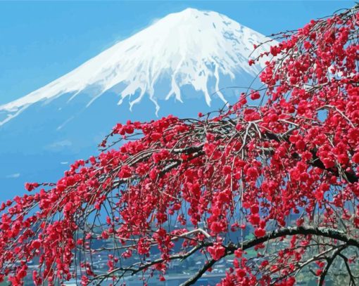 Fall Cherry Blossom With Snowy Mountain Diamond Paintings
