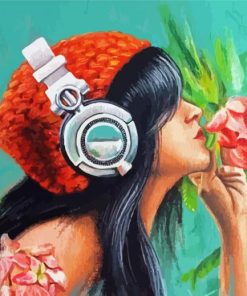 Girl With Headphones And Flowers Diamond Paintings
