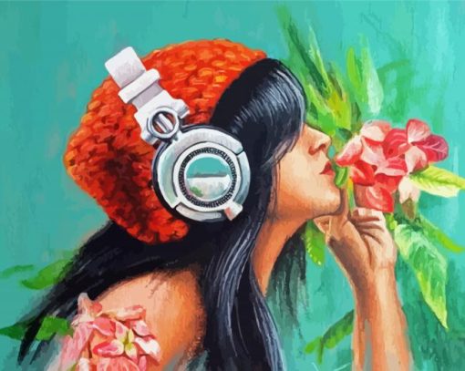 Girl With Headphones And Flowers Diamond Paintings