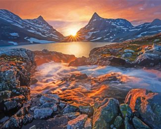 Scandinavian Mountains At Sunset Diamond Paintings
