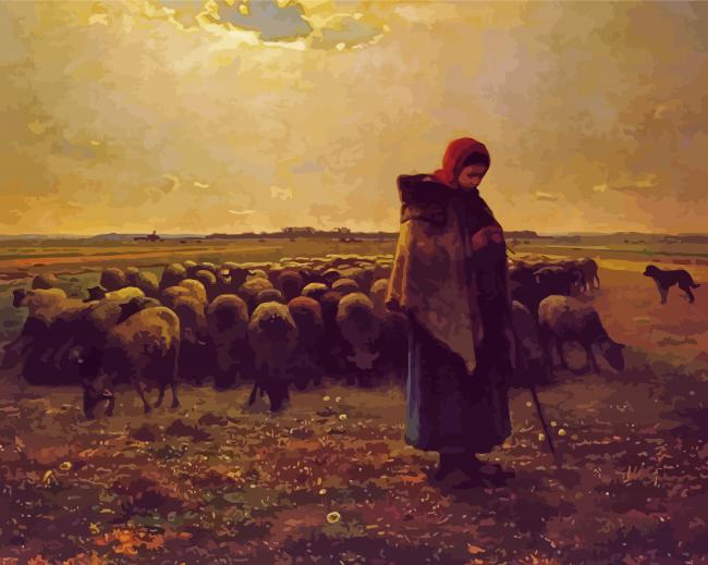 Shepherdess With Her Flock By Millet Diamond Paintings
