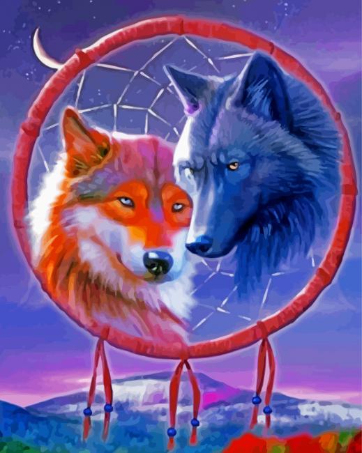 5d Diamond Painting Black And White Wolf And Dream Catcher Full