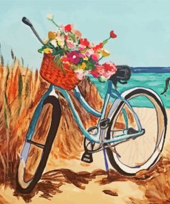 Beach Scene With Bicycle And Flowers Diamond Paintings