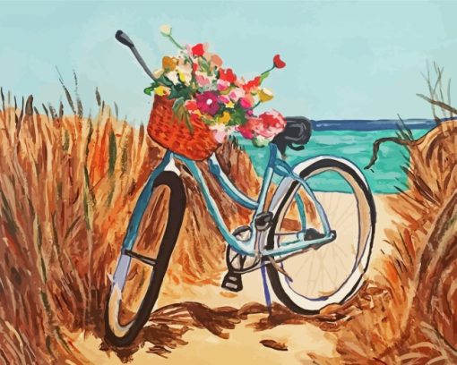 Beach Scene With Bicycle And Flowers Diamond Paintings