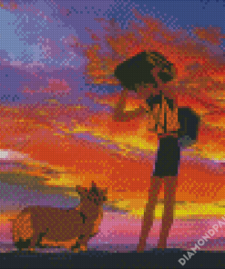 Girl With Dog Sunset Diamond Paintings