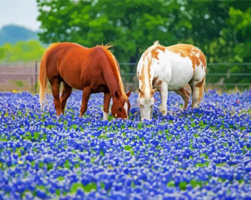 Aesthetic Bluebonnets And Horses Diamond Paintings