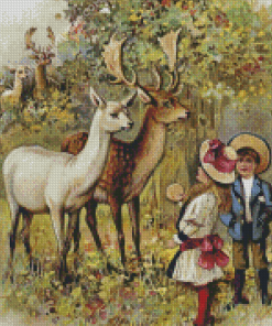 Two Young Children Feeding The Deer In a Park English School Diamond Paintings