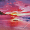 Pink Sunset With Mountain And Waves Diamond Paintings