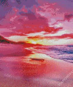 Pink Sunset With Mountain And Waves Diamond Paintings