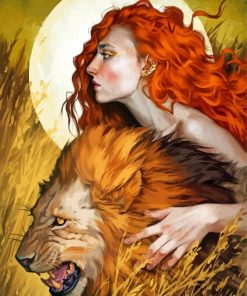 African Redhead Girl With Lion Art Diamond Paintings