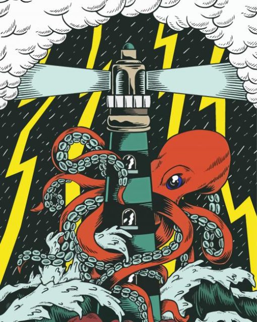 Illustration Lighthouse And Octopus Diamond Paintings