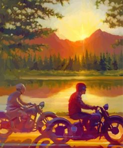 Men On Motorcycle By Lake Diamond Paintings