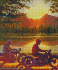 Men On Motorcycle By Lake Diamond Paintings