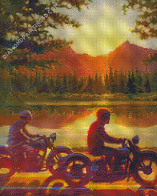 Men On Motorcycle By Lake Diamond Paintings