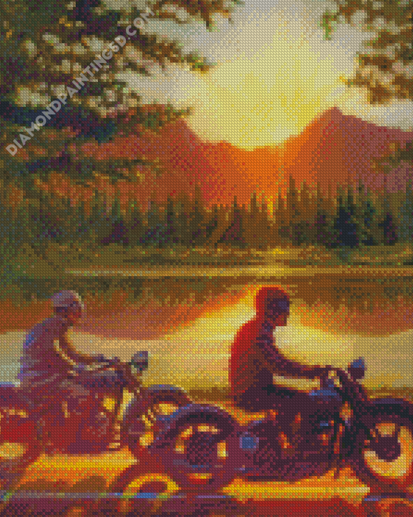 Men On Motorcycle By Lake Diamond Painting 