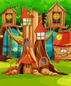 Tree Cartoon Houses Diamond Paintings