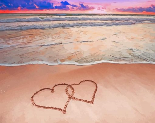 Beautiful Beach With Hearts In Sand Diamond Paintings