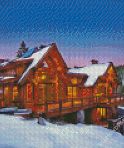 Cabin In The Mountains At Dusk Surrounded By Snow Diamond Paintings